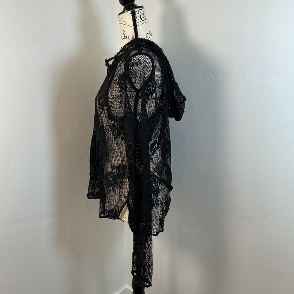 POL Black Lace Floral Hoodie Pullover Top Long Sleeve See Through Blouse - Picture 4 of 6